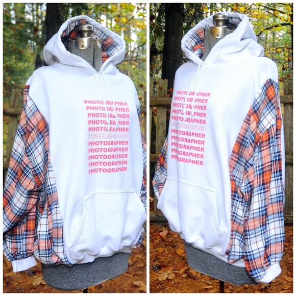 PHOTOGRAPHER Preme Upcycled Reconstructed Hoodie Sweatshirt XL Plaid Sleeves - Picture 8 of 10